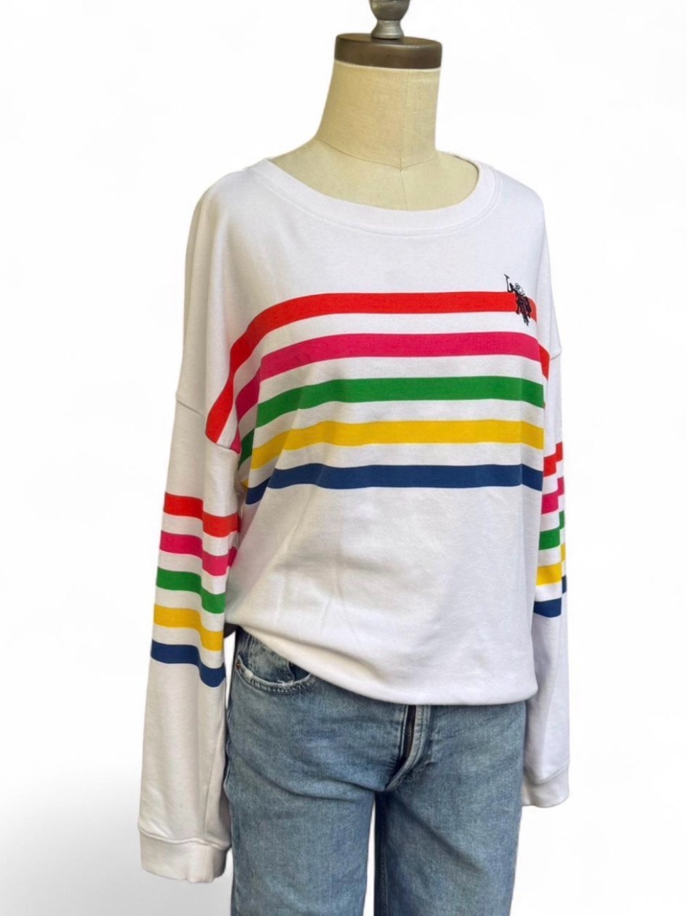 White Rainbow Stripe Sweatshirt with Polo Logo size XL